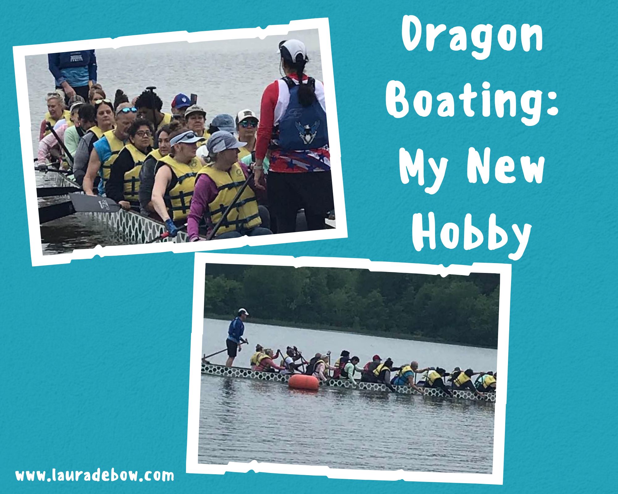 Photos of dragon boat team paddlers in a boat